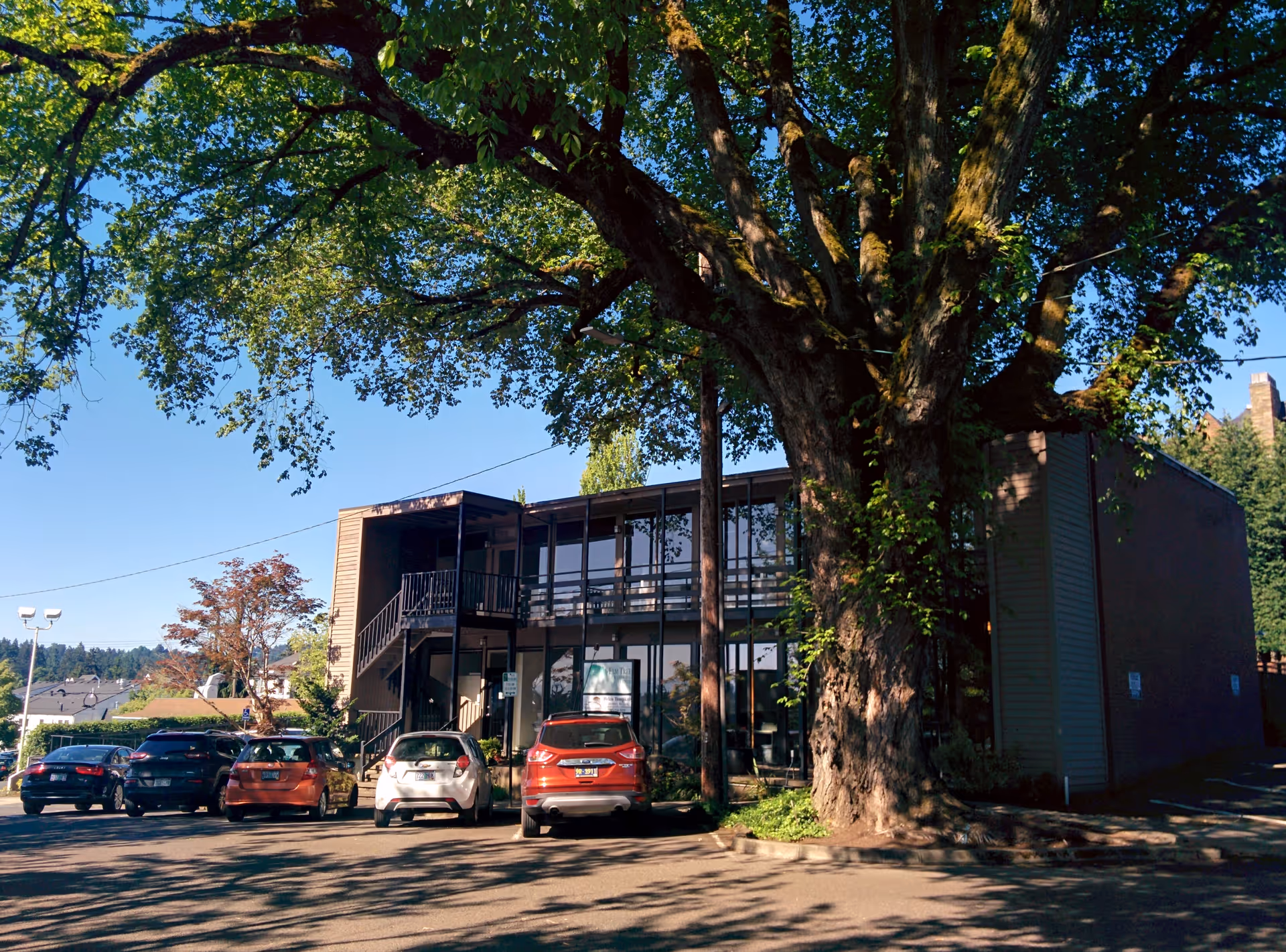 Two-story Seasons Living building with parked cars and a large tree in front.