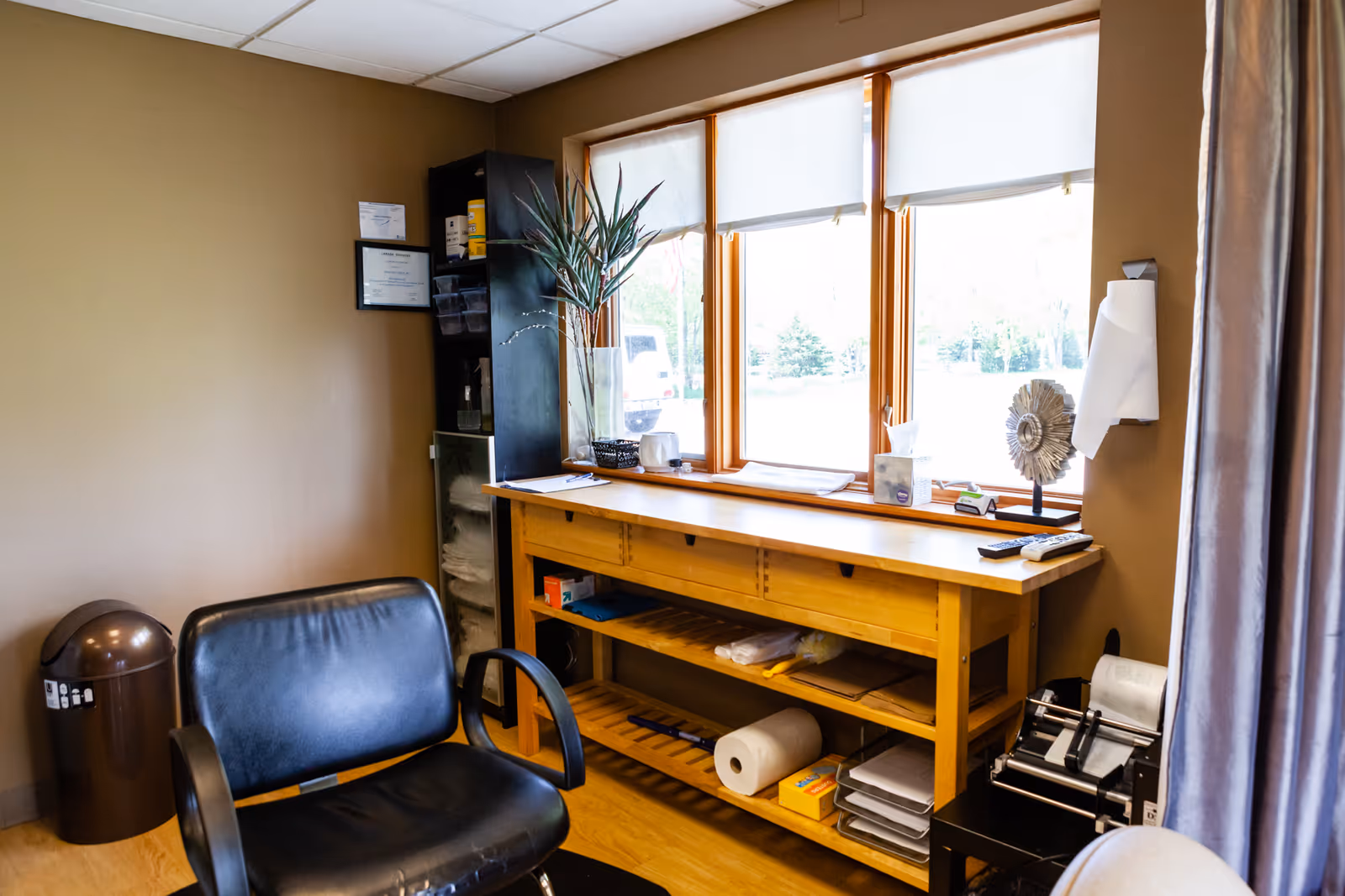 A small office-like room with a wooden counter, shelves, and a plant by sunny windows.
