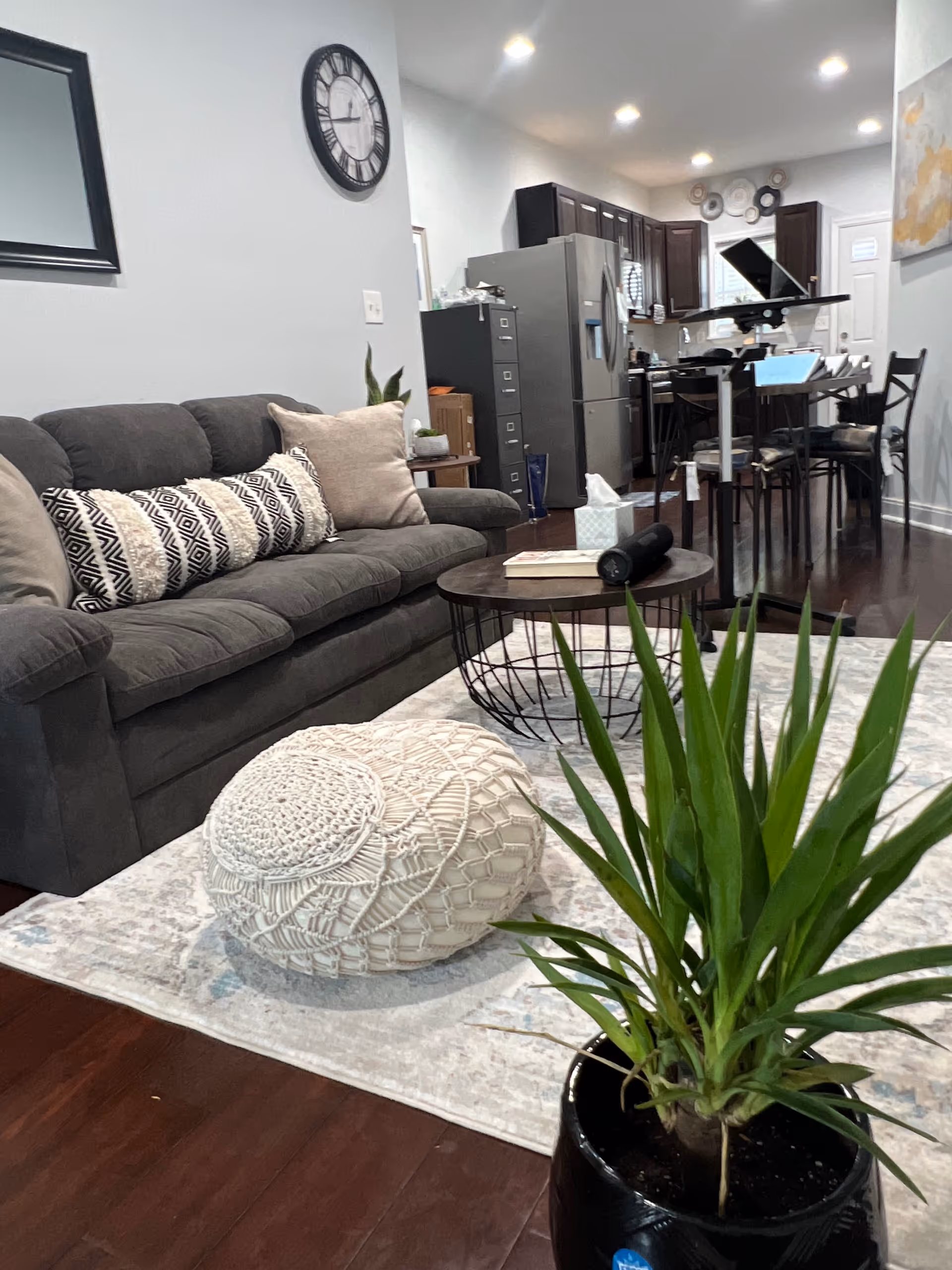 Cozy living room with sofa, plants, coffee table, and open kitchen in the background.