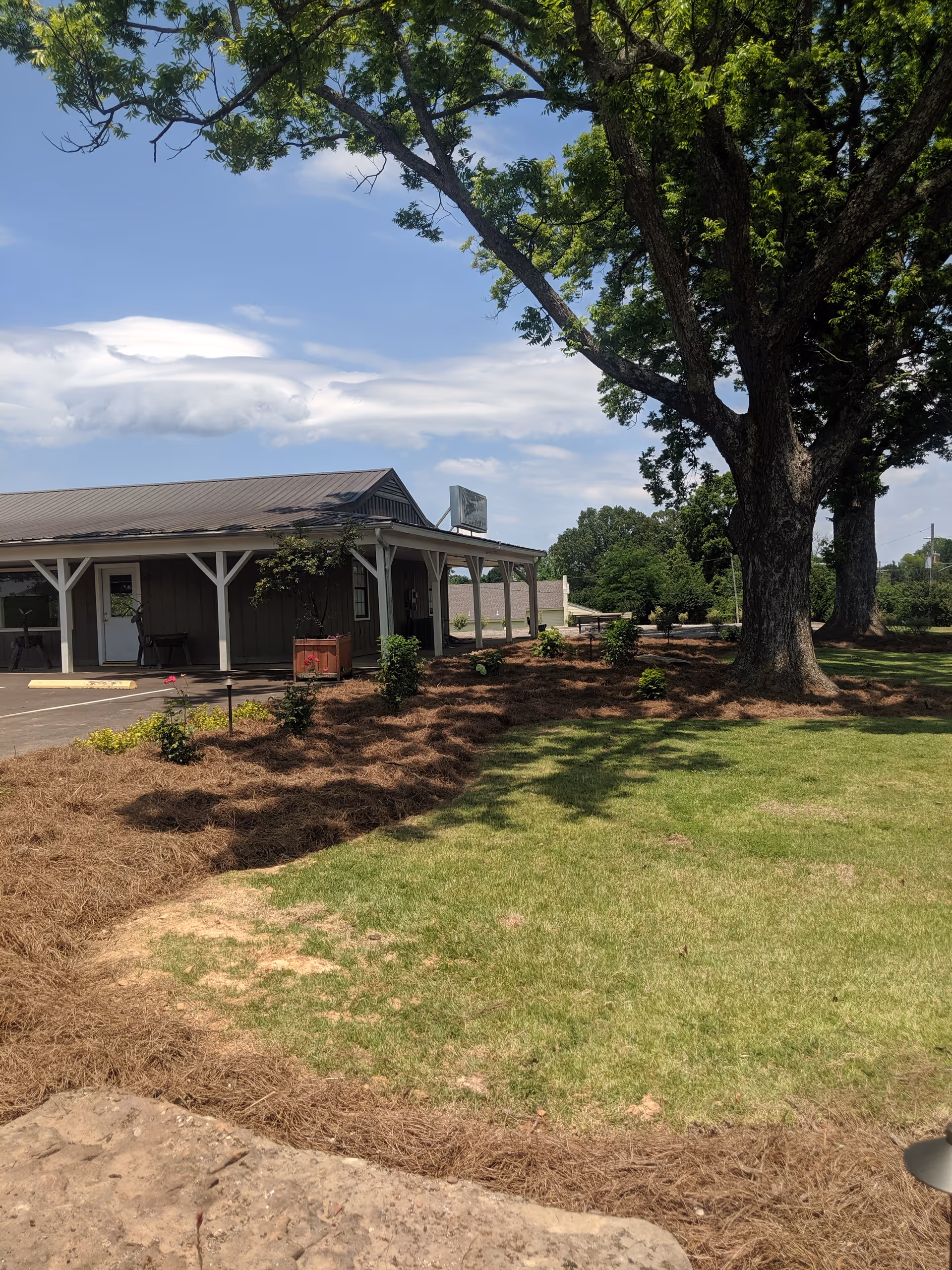 Exterior view of Baddour Center with a covered entrance, trees, and landscaped front yard.