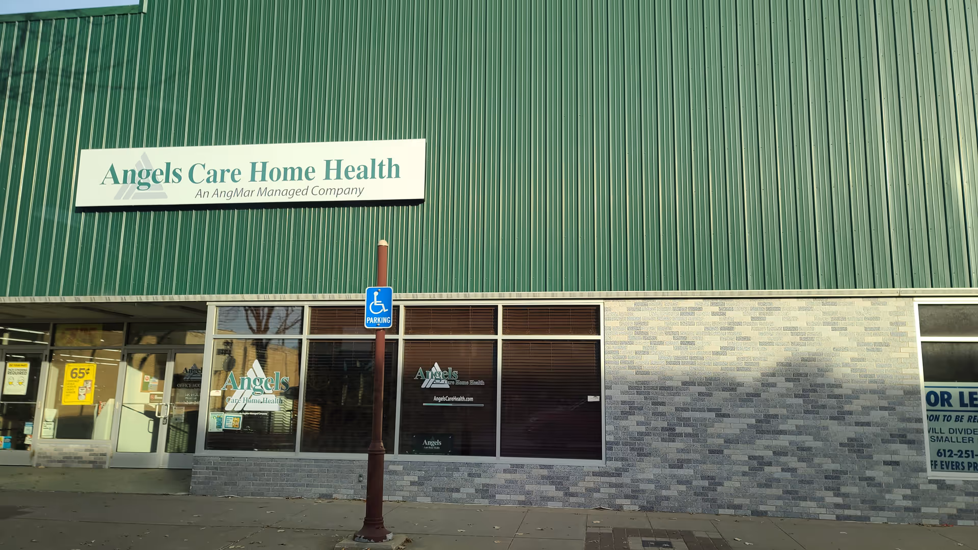 Front exterior of Angels Care Home Health building with sign and large windows