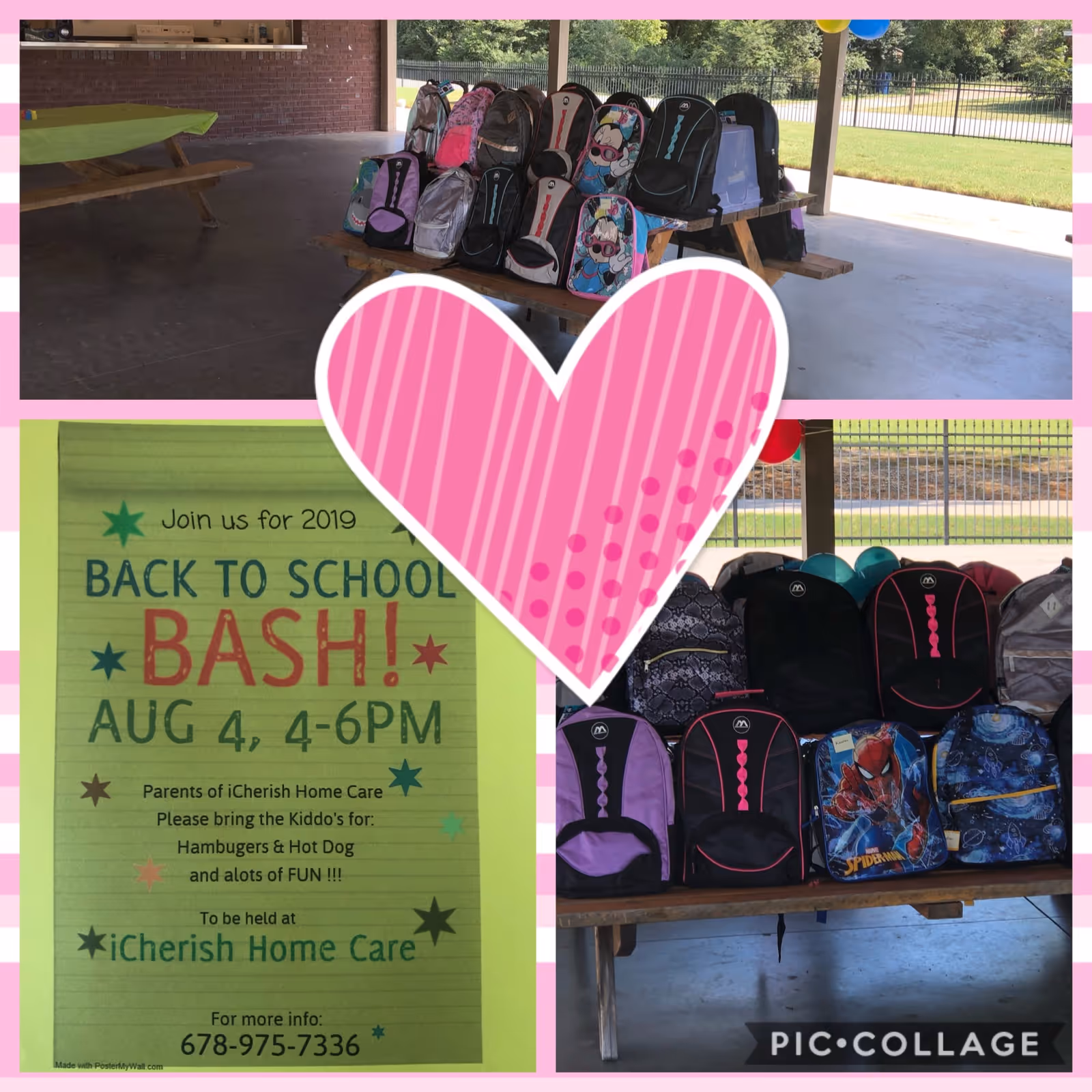 Backpacks and a back-to-school poster on picnic tables beneath a pavilion at iCherish Home Care.