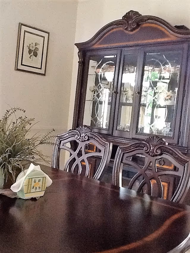 A dining room with a polished dark wooden table and ornate wooden chairs. Behind the table is a matching dark wooden china cabinet with glass doors displaying dishes and glassware. A framed botanical print hangs on the wall, and a decorative plant is placed on the table along with a small tissue box.