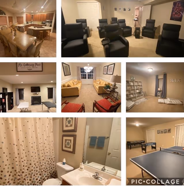 Collage of interior common areas showing a kitchen and dining area, multiple lounges and seating spaces, a small theater, game tables, and a bathroom in a senior living facility.