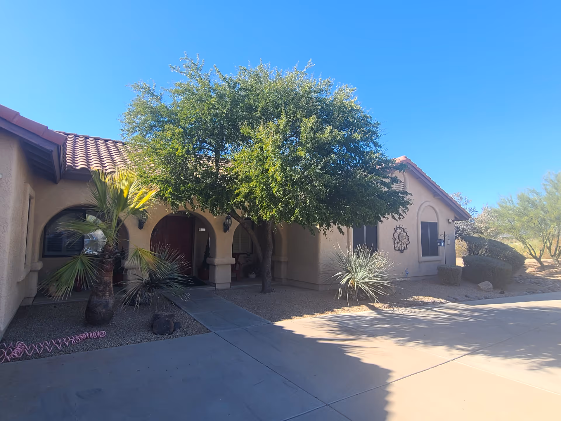 Exterior view of a single-story building with a tiled roof, beige stucco walls, and arched doorways. There is a large tree and some desert landscaping with small palm trees and shrubs in front of the building under a clear blue sky.