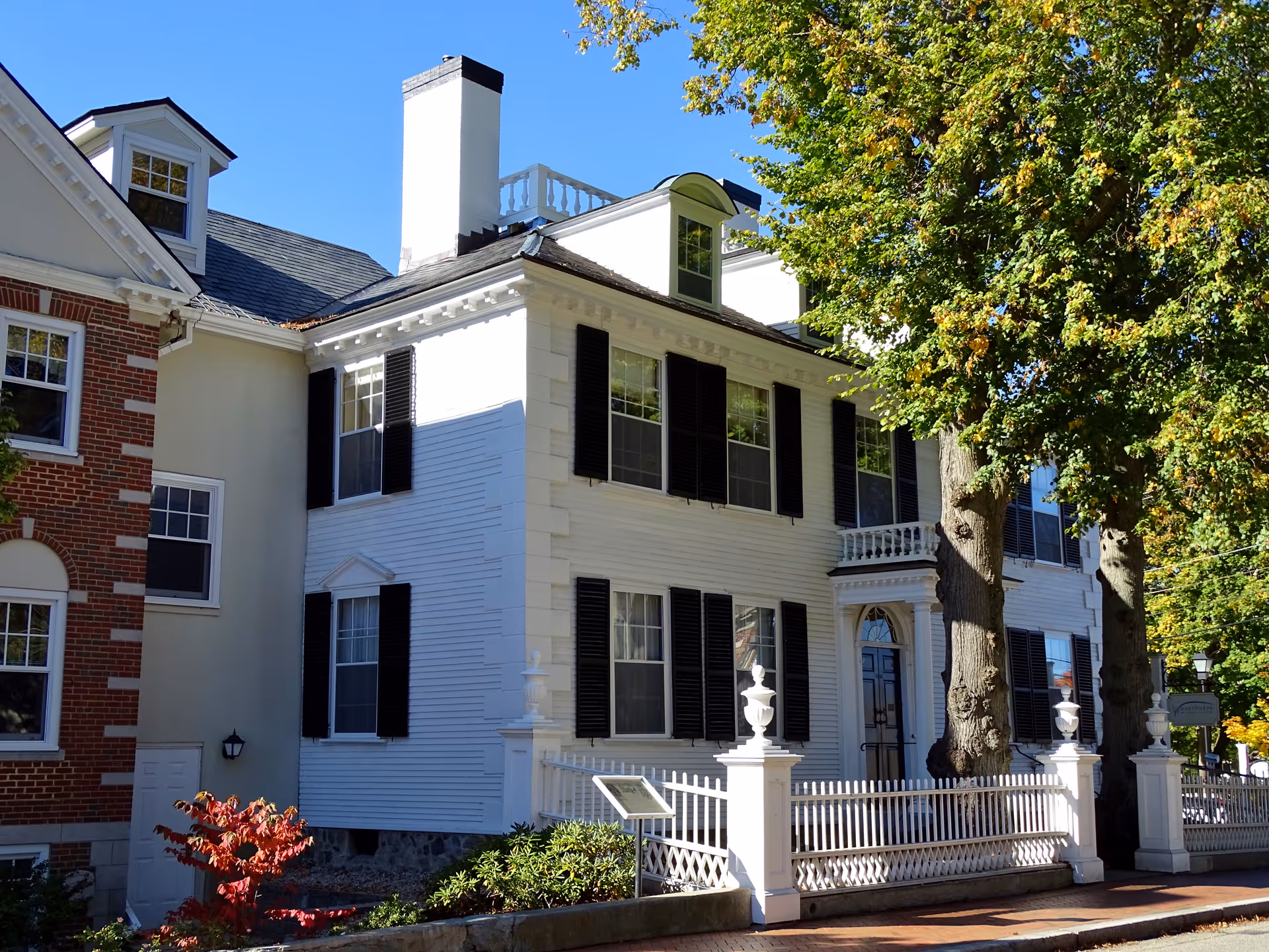 White, multi-story Wentworth Senior Living exterior with black shutters and large trees.
