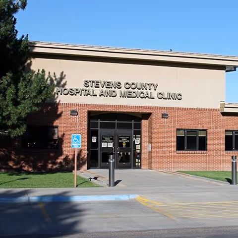 Exterior view of Stevens County Hospital and Medical Clinic entrance with brick facade