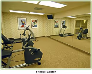 A small fitness center room with exercise equipment including stationary bikes and a treadmill. The room has beige carpet, patterned wallpaper, fluorescent ceiling lights, framed artwork on the walls, and a large mirror covering one wall.