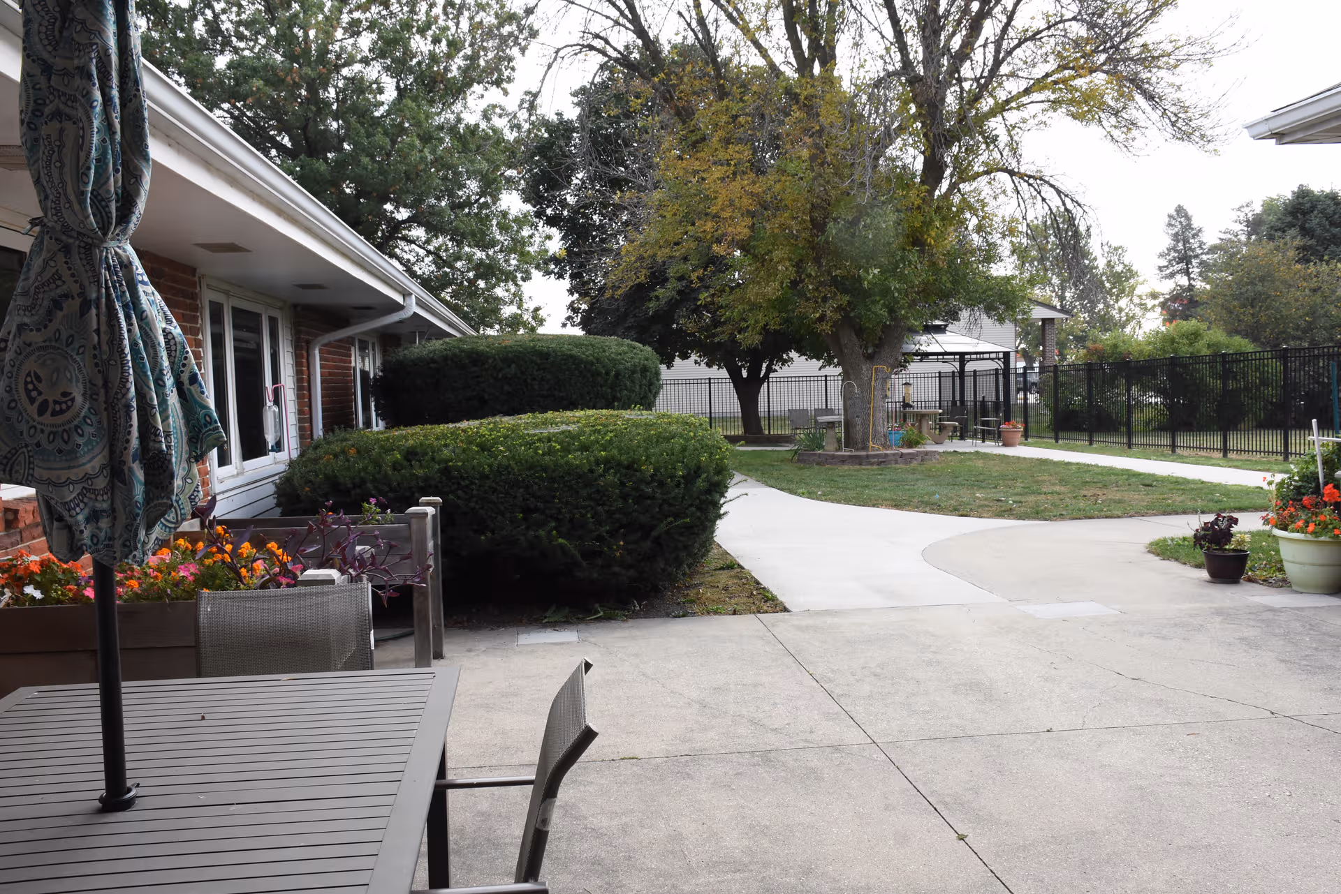 Outdoor patio area with seating, tables, plants, and a winding concrete path.