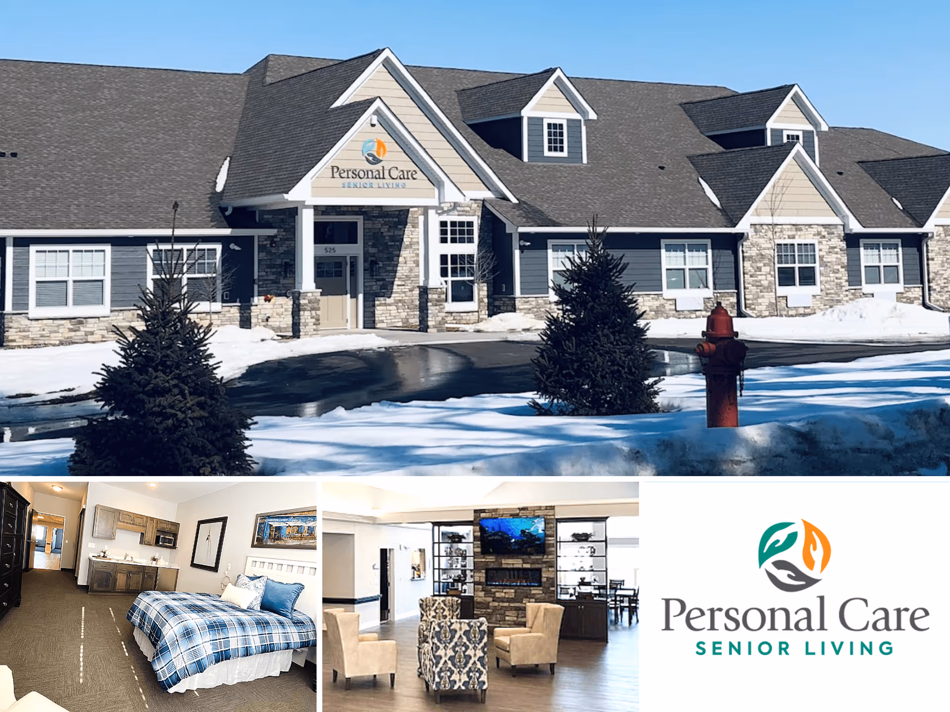 Exterior front of the Personal Care Senior Living building in winter with inset interior photos and the facility logo.