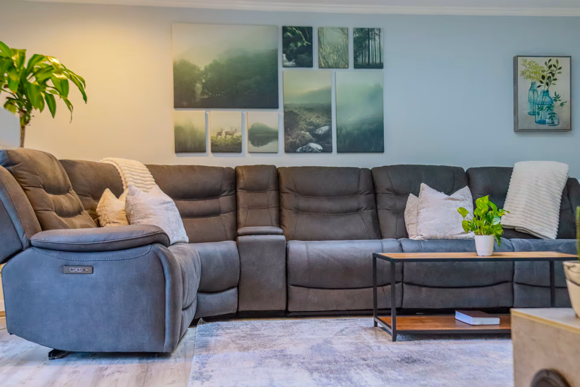 Cozy gray sectional sofa in a living room with plants and wall art.