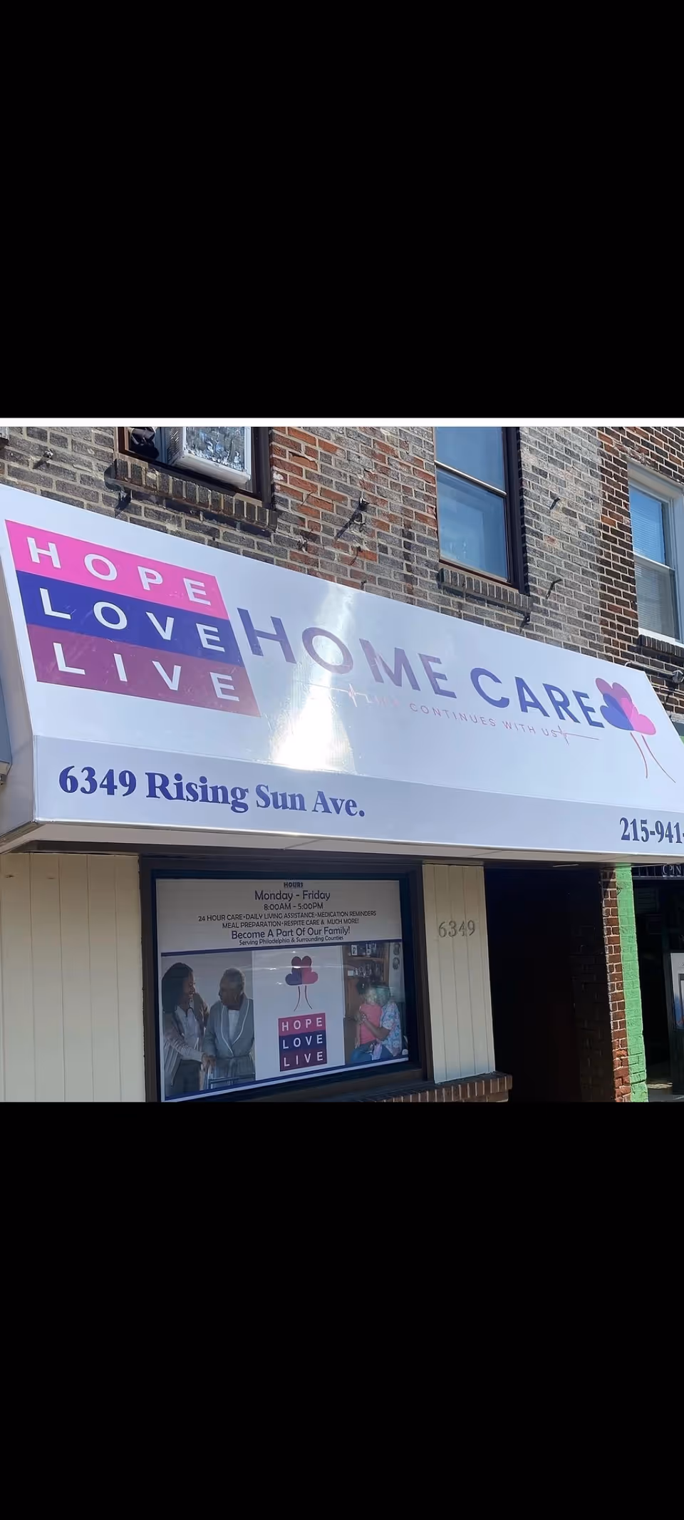Exterior storefront of Hope Love Live Home Care on a brick building.