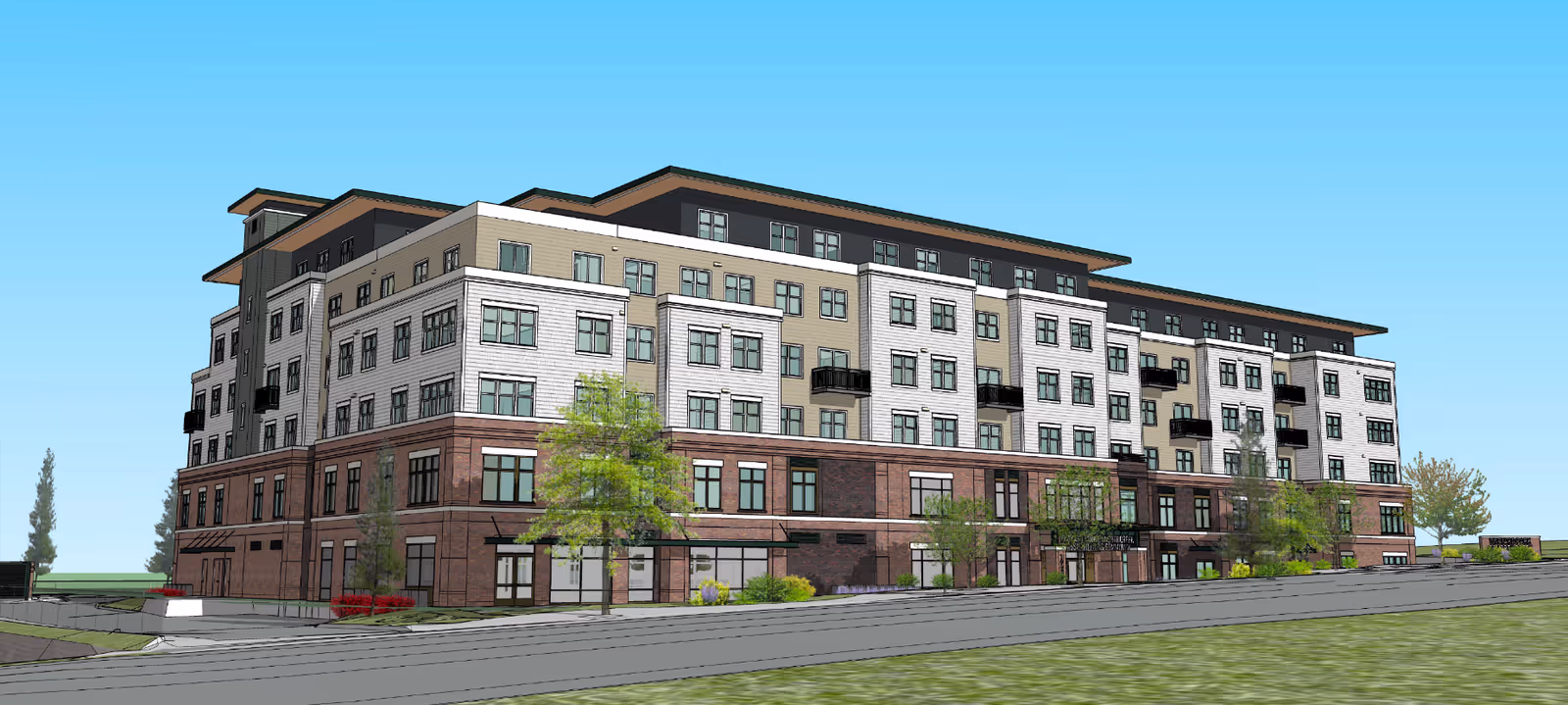A large multi-story senior living facility exterior with brick base and light siding.