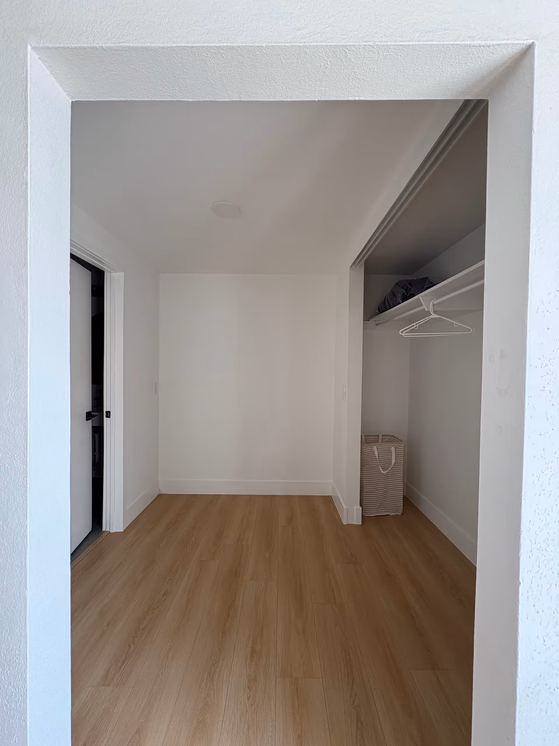 Light-filled walk-in closet with hanging rod, shelves, and a laundry basket.
