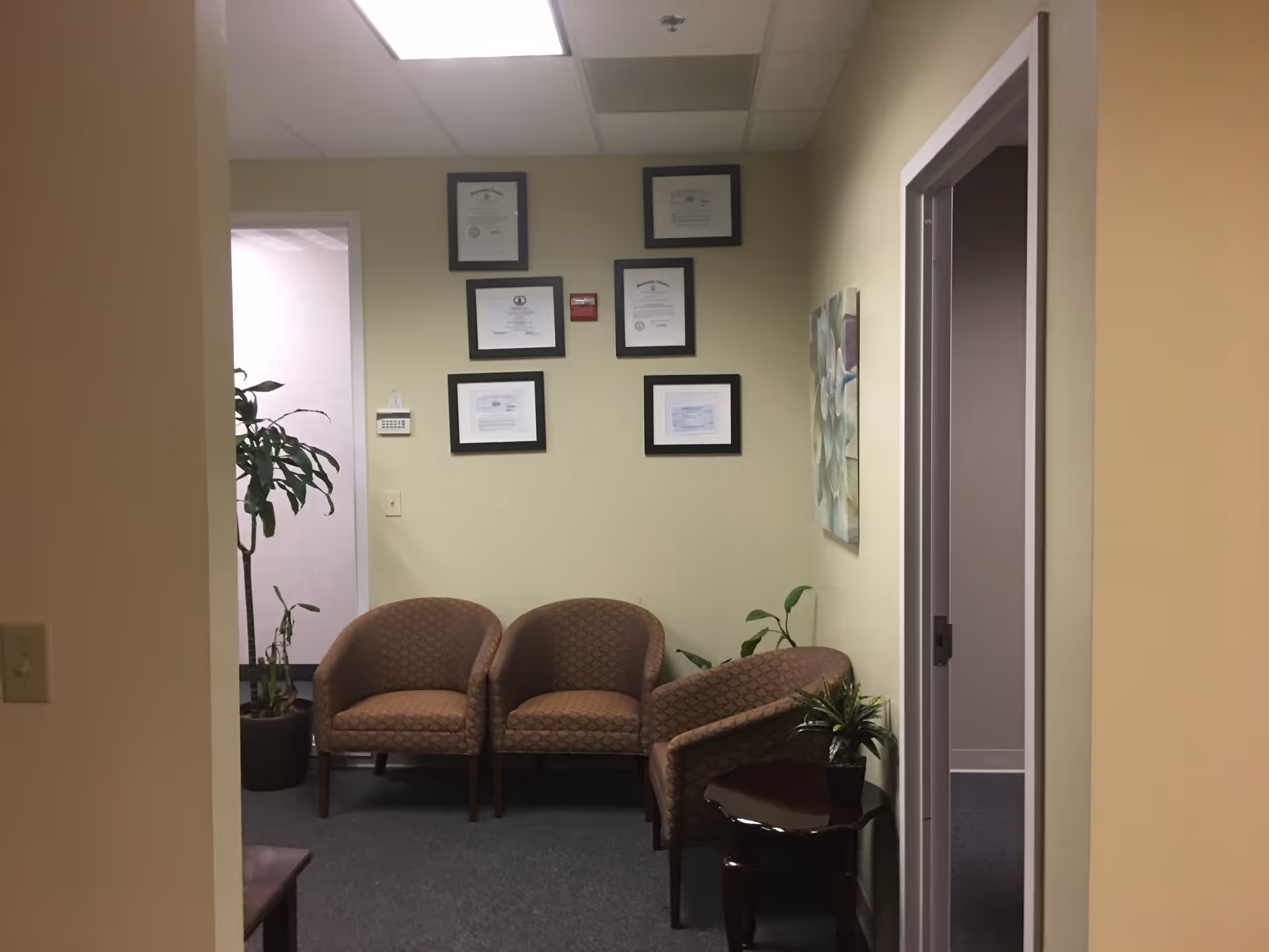 A small indoor waiting area with three patterned chairs, framed certificates, and potted plants.