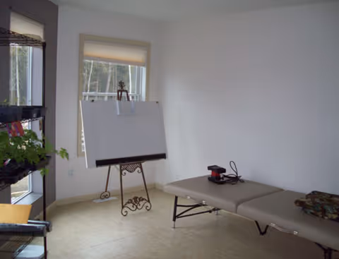 A small treatment room with a padded examination table, whiteboard on an easel, and windows.