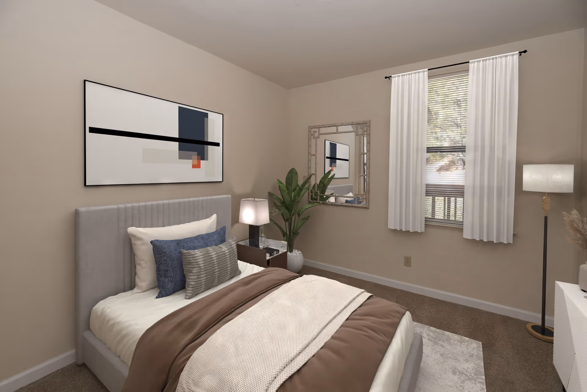 A neatly made bedroom with bed, nightstands, lamp, plant, and window.