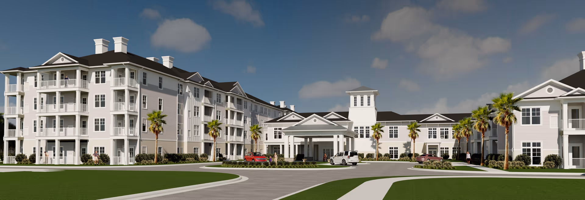 Exterior view of a large, multi-story senior living facility with white siding and black roofs. The building features multiple balconies, a covered entrance with a portico, palm trees lining the driveway, and several cars parked near the entrance. The sky is partly cloudy.