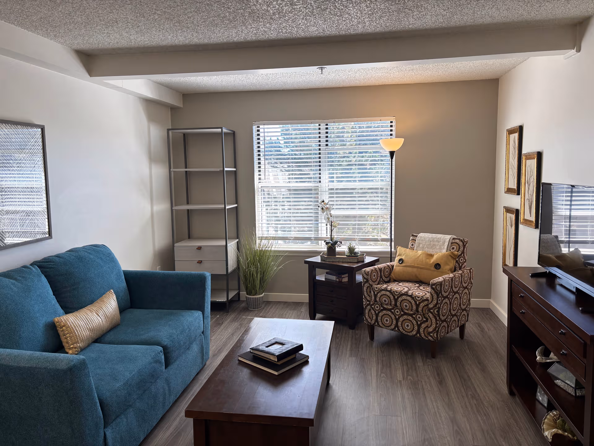 Cozy living room with teal sofa, patterned chair, coffee table, and window blinds.