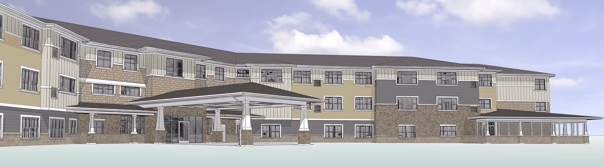Panoramic architectural rendering of a three-story senior living building with a covered entrance/porte-cochère.