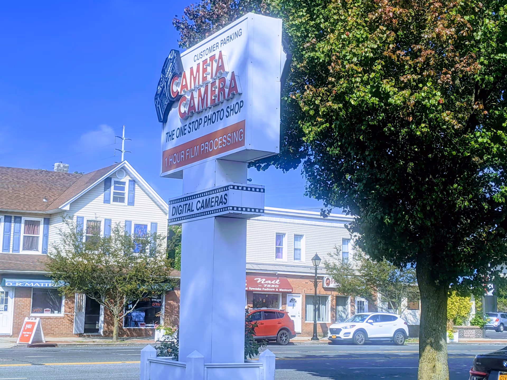 Tall camera shop sign above storefronts and trees on a sunny street.