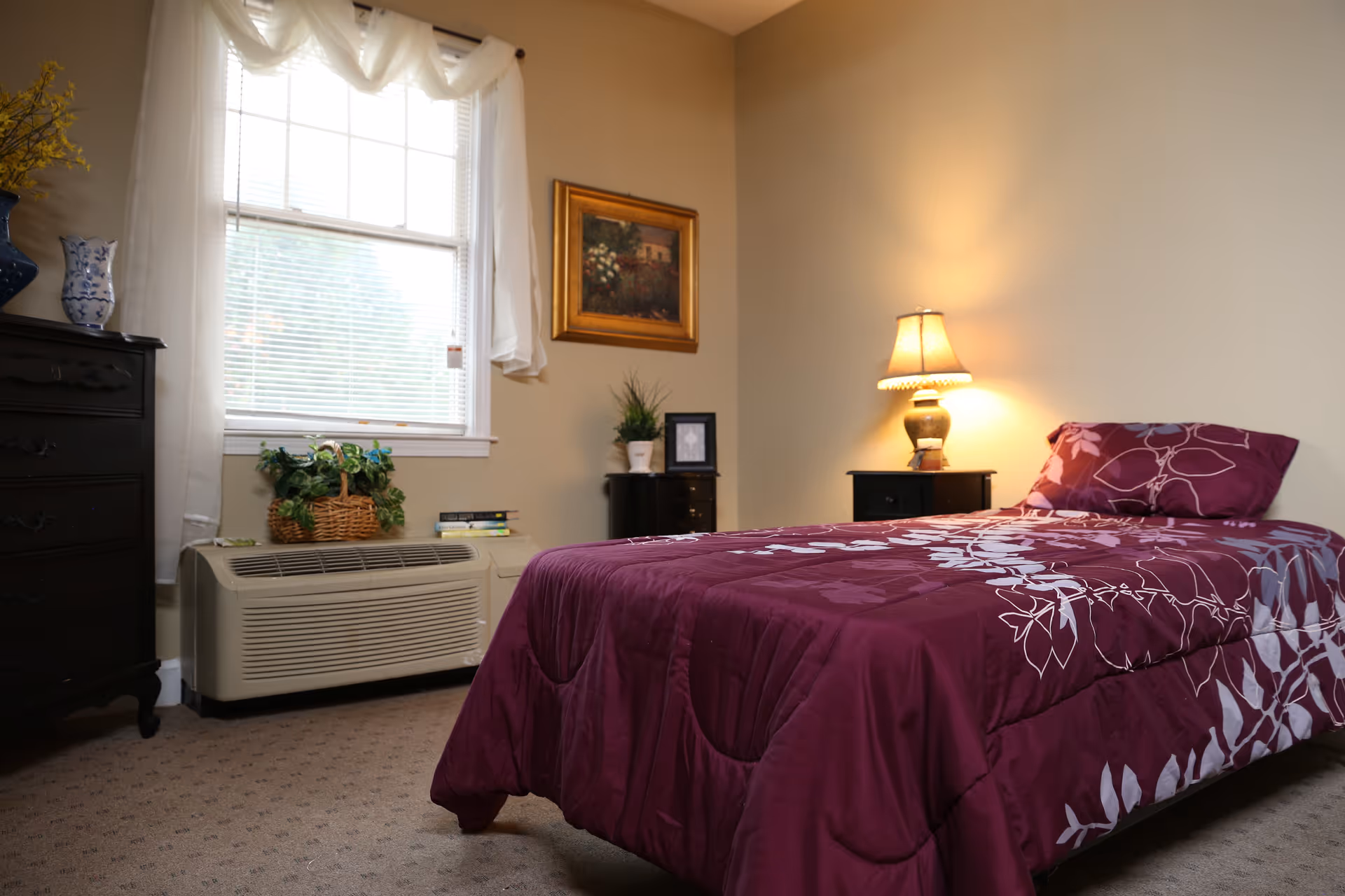 A cozy senior living bedroom with a purple bedspread, lamp, dresser, window, and plants.
