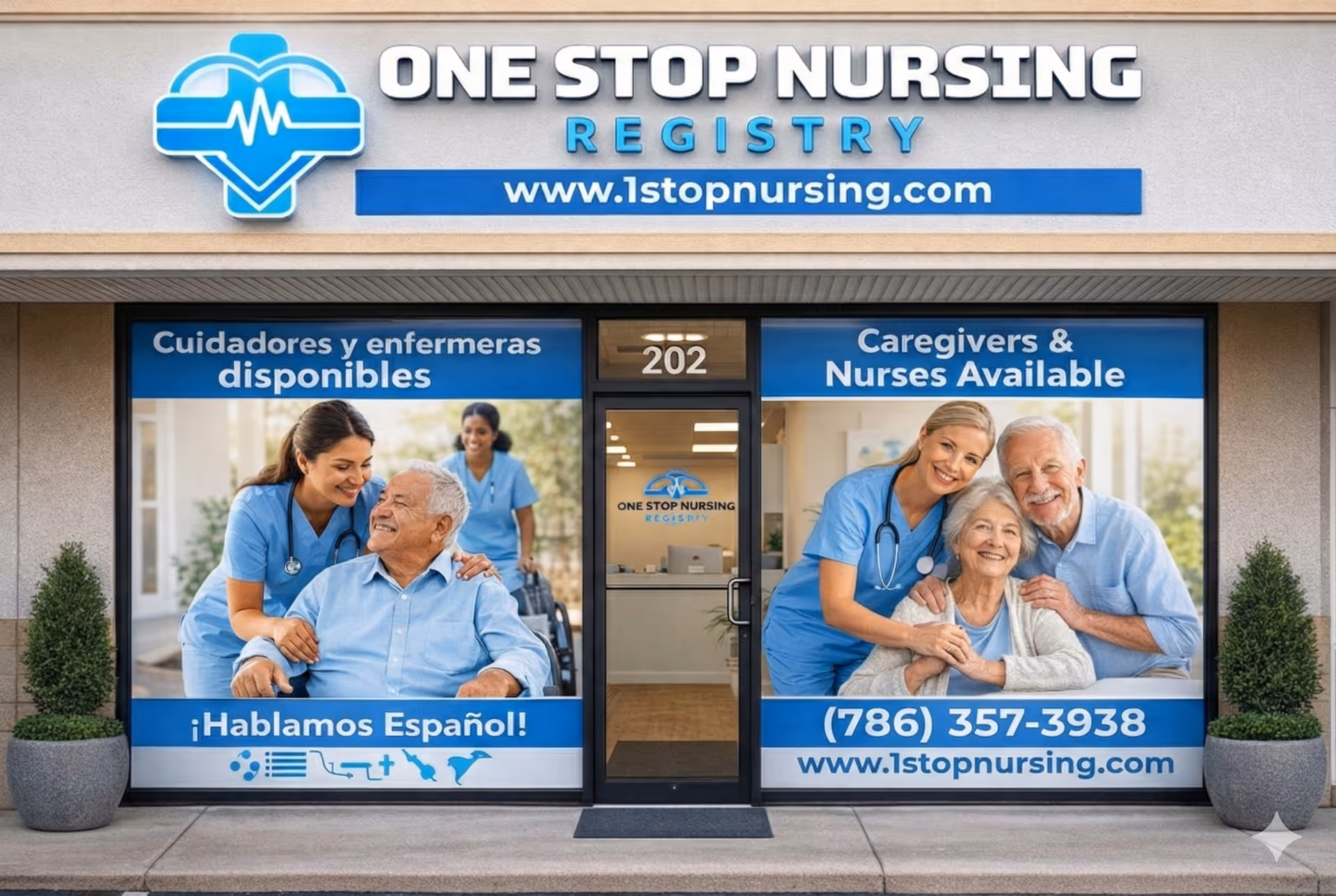 Front facade of One Stop Nursing Registry storefront with banners showing caregivers and seniors.