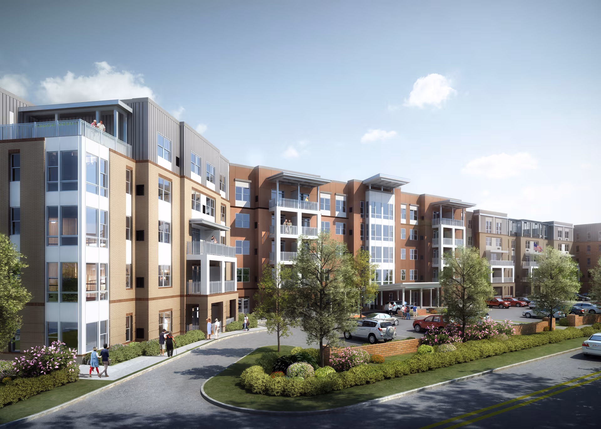 A modern multi-story senior living building with brick and glass facade, balconies, and a landscaped entrance.