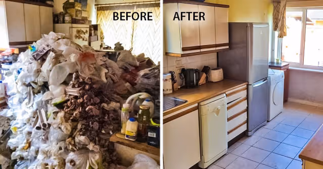 Split image showing a cluttered kitchen before cleaning and a clean, organized kitchen after.