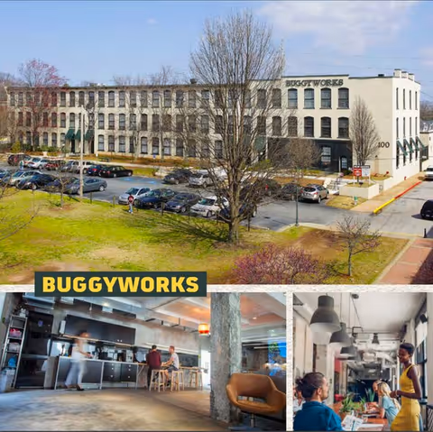 Exterior building with BuggyWorks sign and parking lot, plus interior cafe scenes collage.