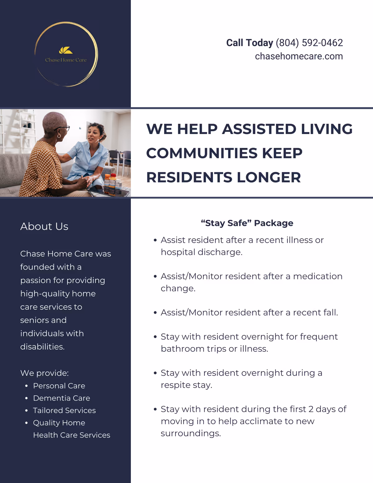 Chase Home Care LLC brochure page showing two people talking in a living room with panels.