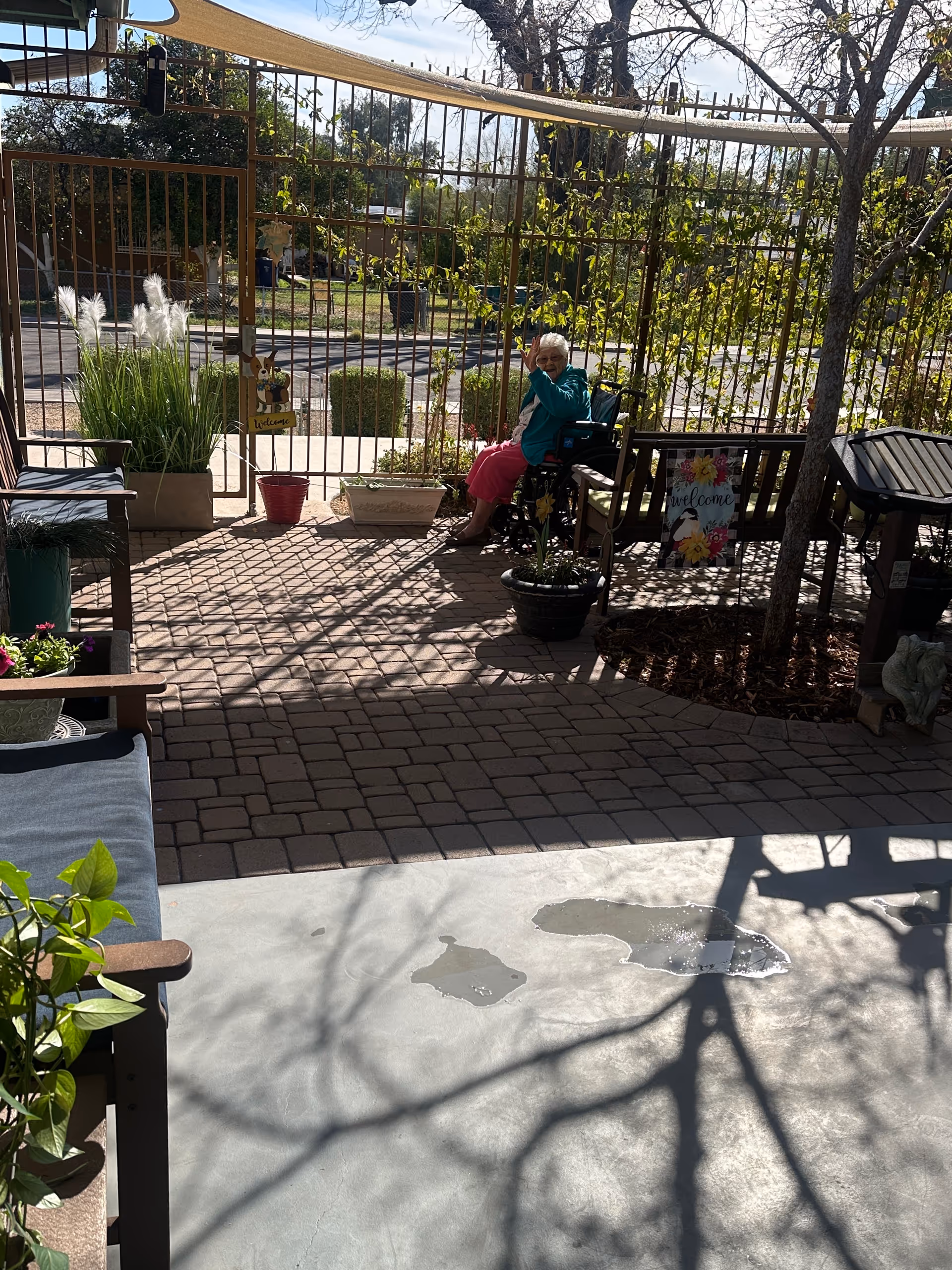 Senior seated in a courtyard patio with plants, gate, and shade sail.