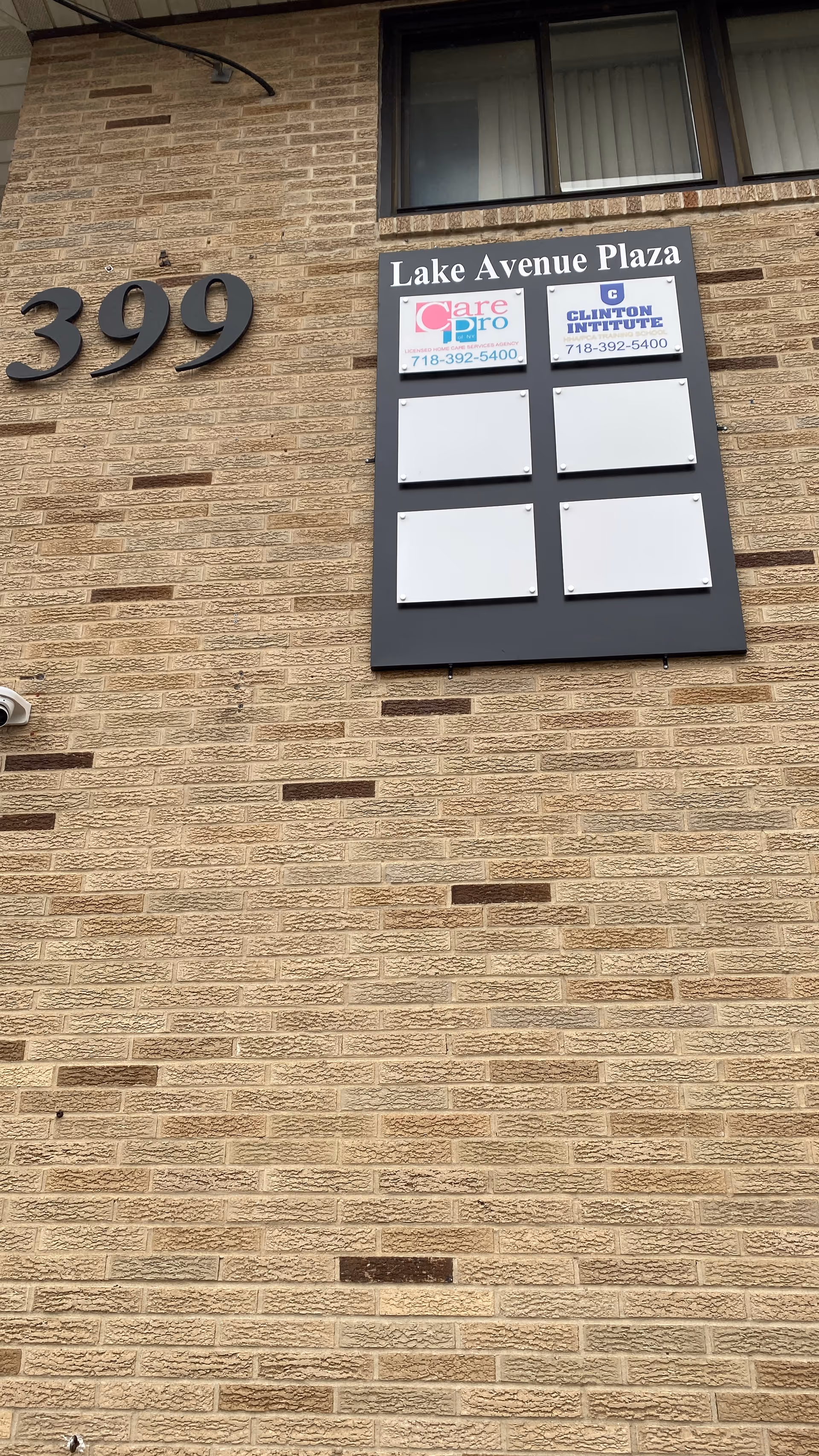 Brick building exterior featuring a Lake Avenue Plaza signboard and CarePro of NY logos.