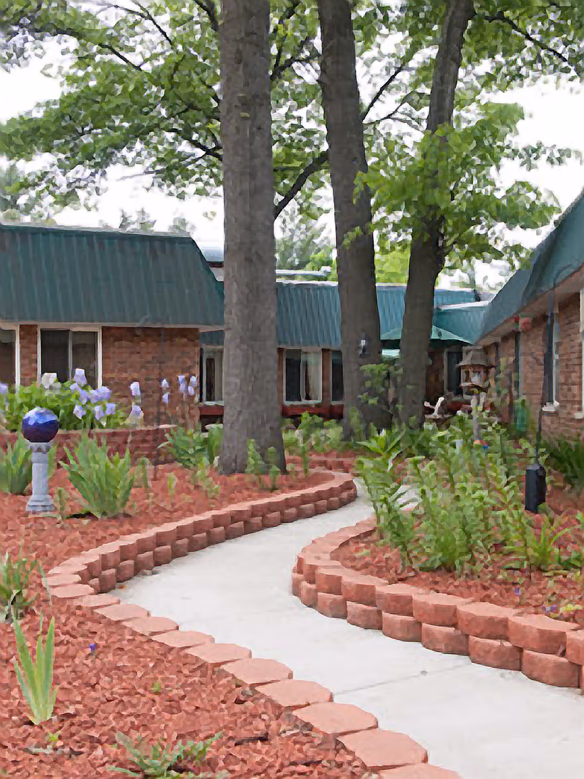 Curved concrete walkway lined with red brick edging through a landscaped courtyard with trees and a low brick building with green roofs.