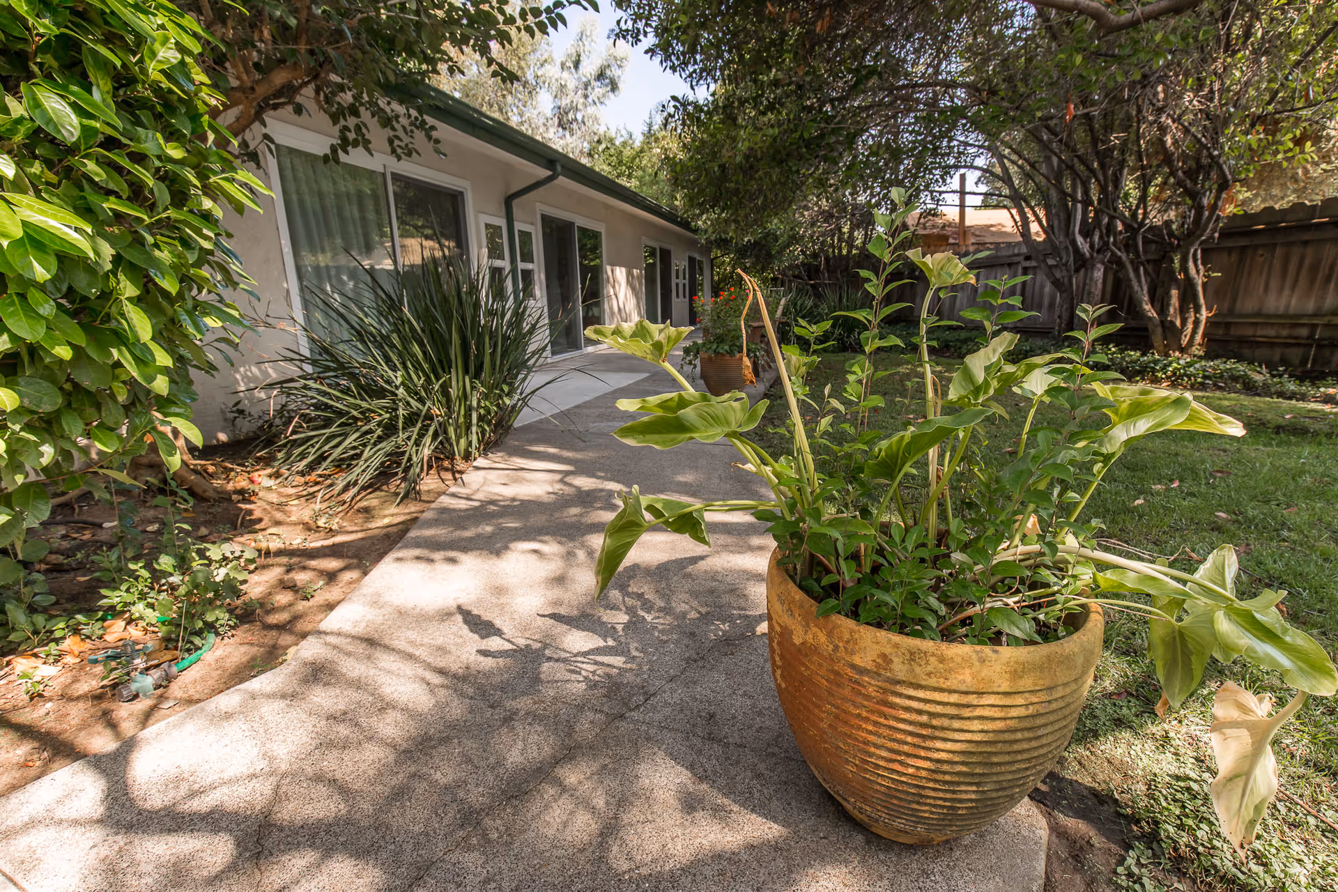 A walkway along the exterior of the facility with potted plants.