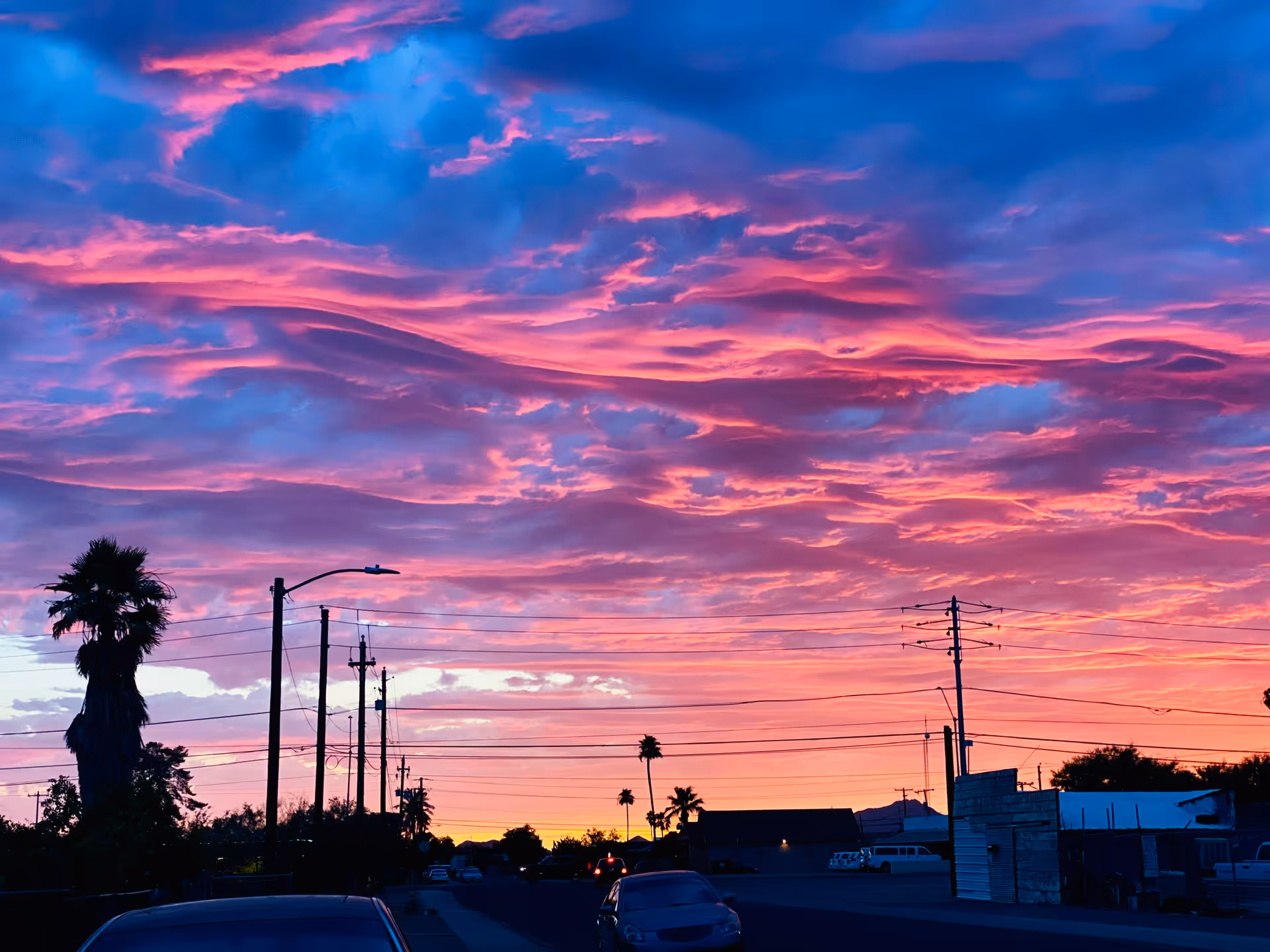 Vibrant sunset sky over a suburban street with palm trees and utility poles.
