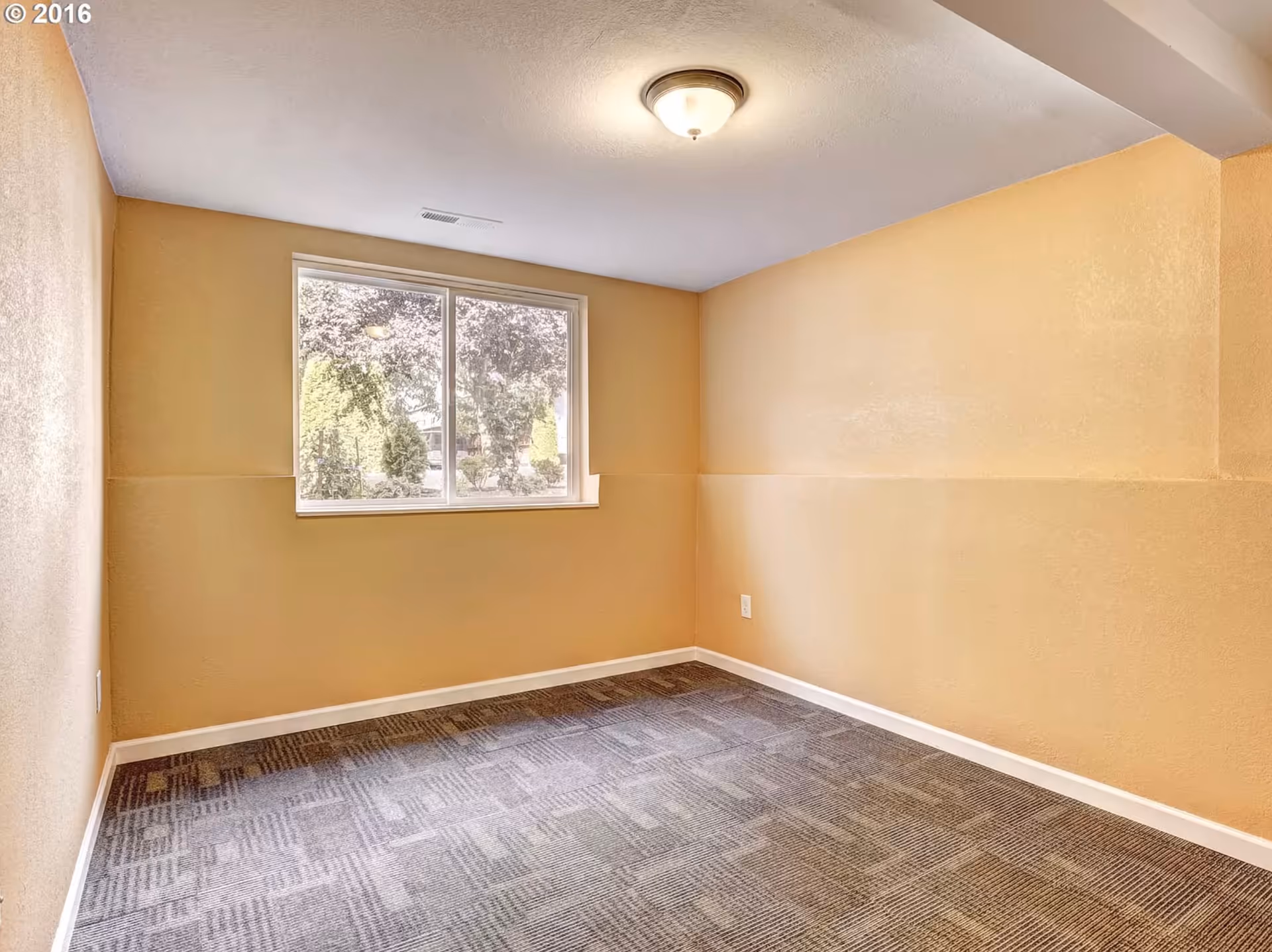 Empty beige interior room with a window, carpet, and a ceiling light.