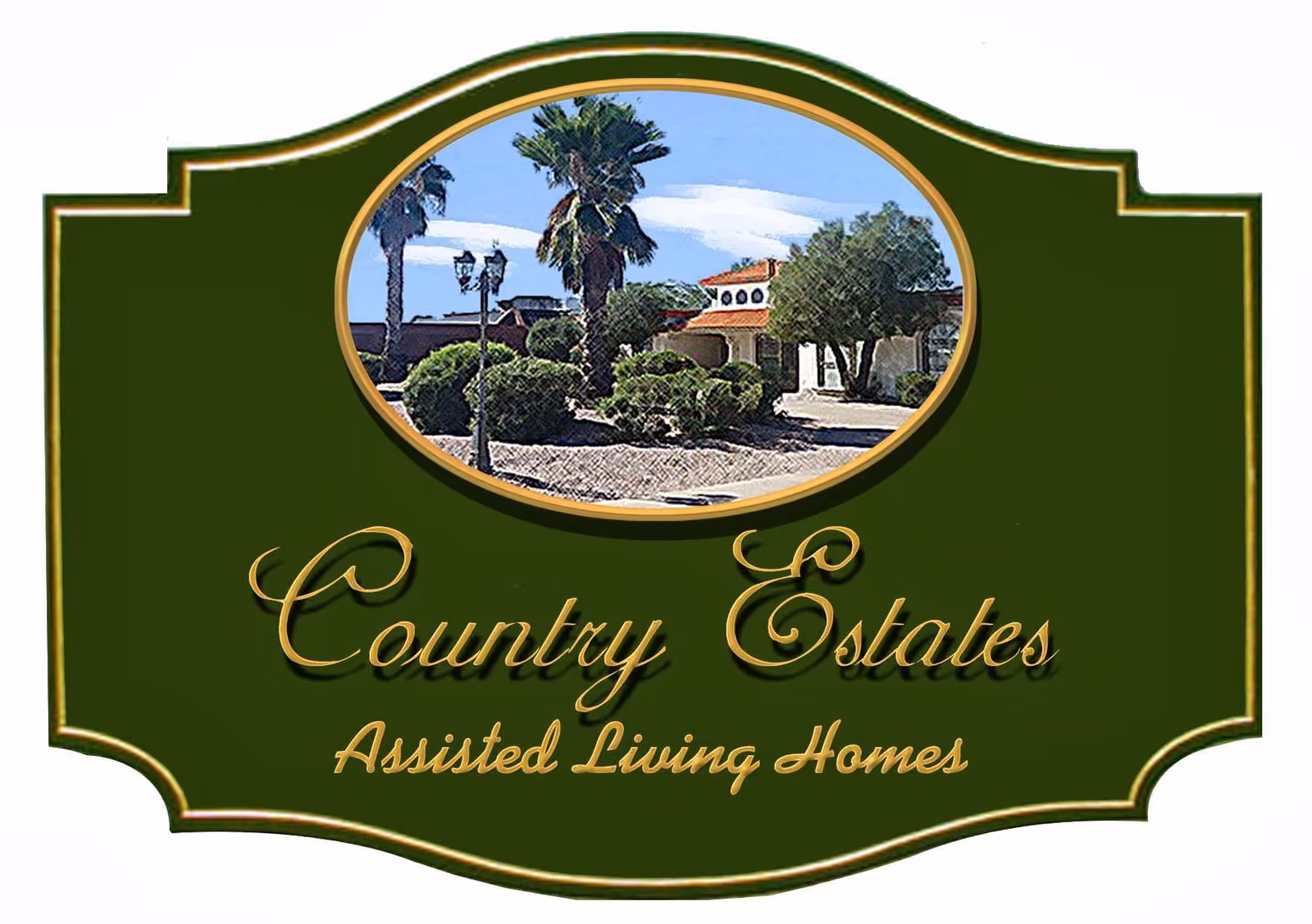 Green sign featuring Country Estates Assisted Living Homes exterior with palm trees.