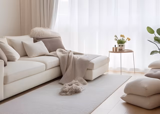 Bright, minimalist living room with a white sofa, throw blanket, and sheer curtains.