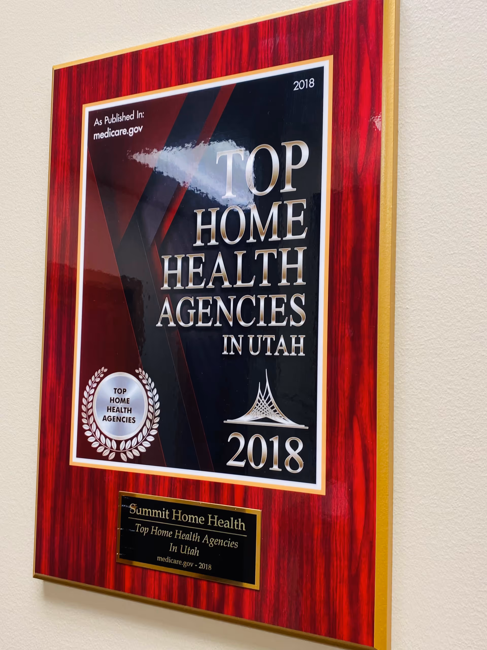 Framed award plaque mounted on a wall reading Top Home Health Agencies in Utah, 2018.