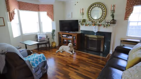 Bright living room with hardwood floors, a TV and fireplace, seating areas, bay window, and a white dog lying on the floor.