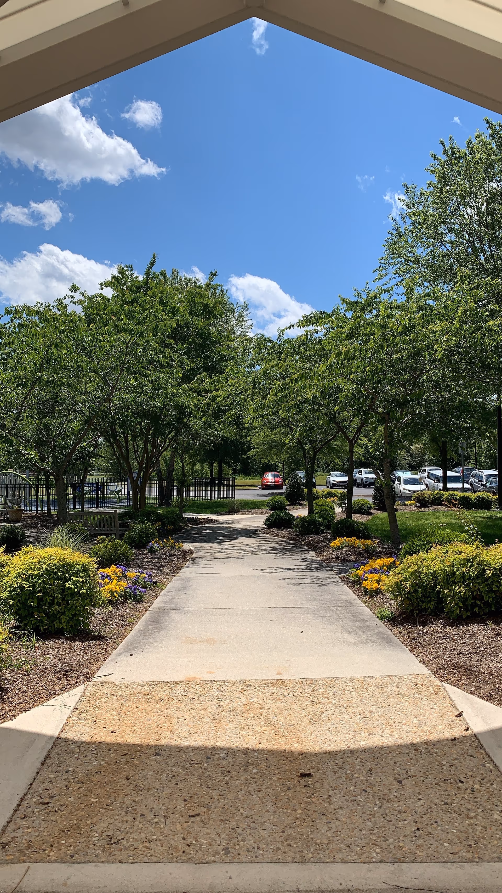 Sunny outdoor walkway leading to parking with trees and flower beds