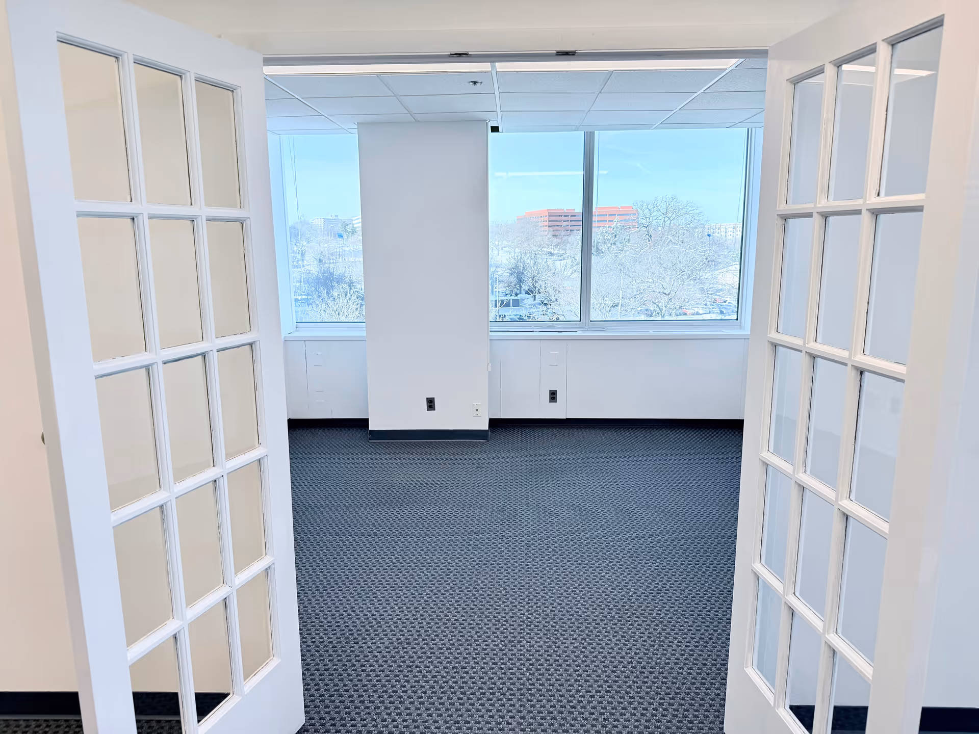 Bright empty interior room with glass-paneled doors, large windows, and patterned carpet.