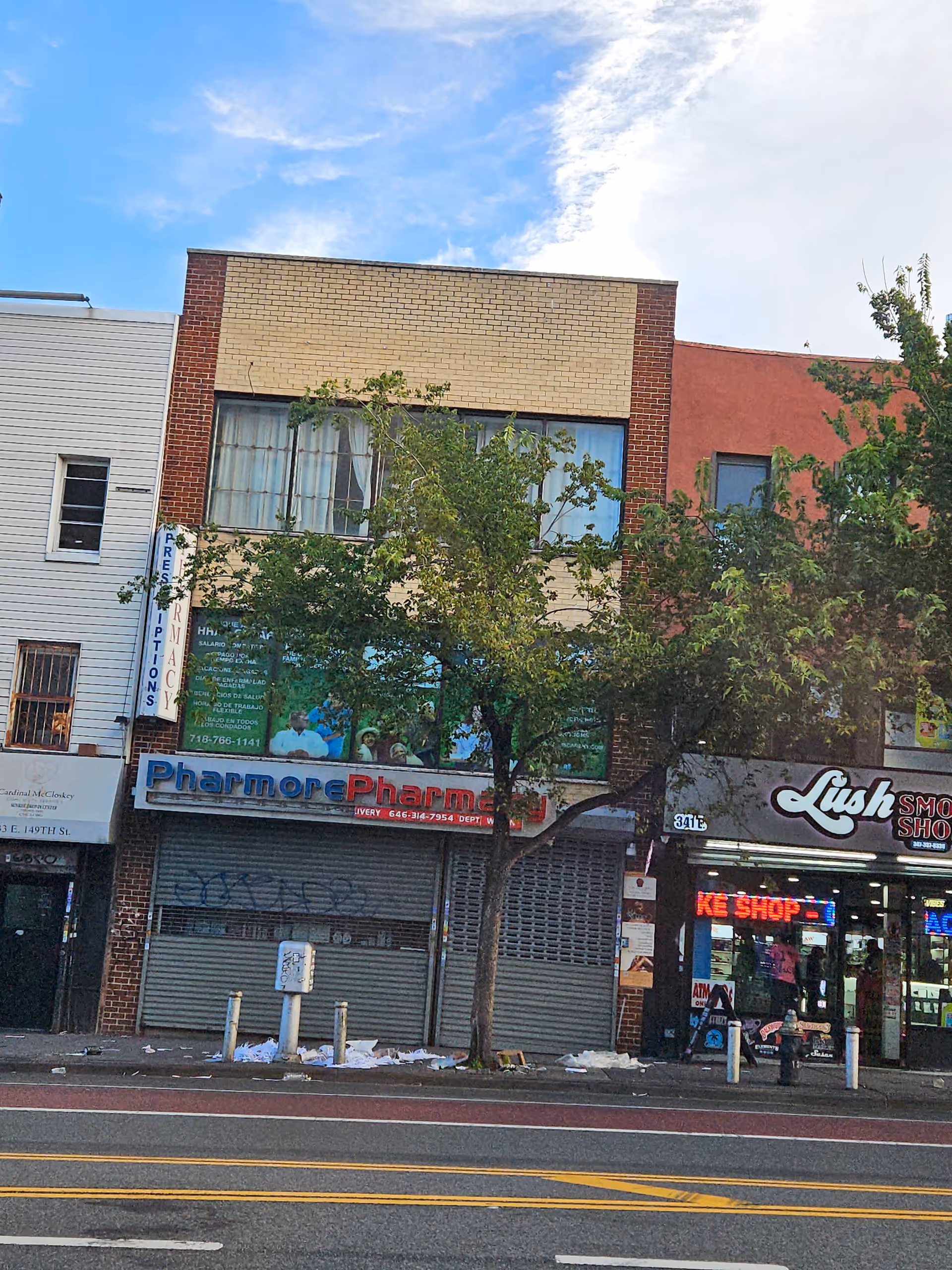 Tree-lined urban street with Pharmore Pharmacy and Lush storefronts.