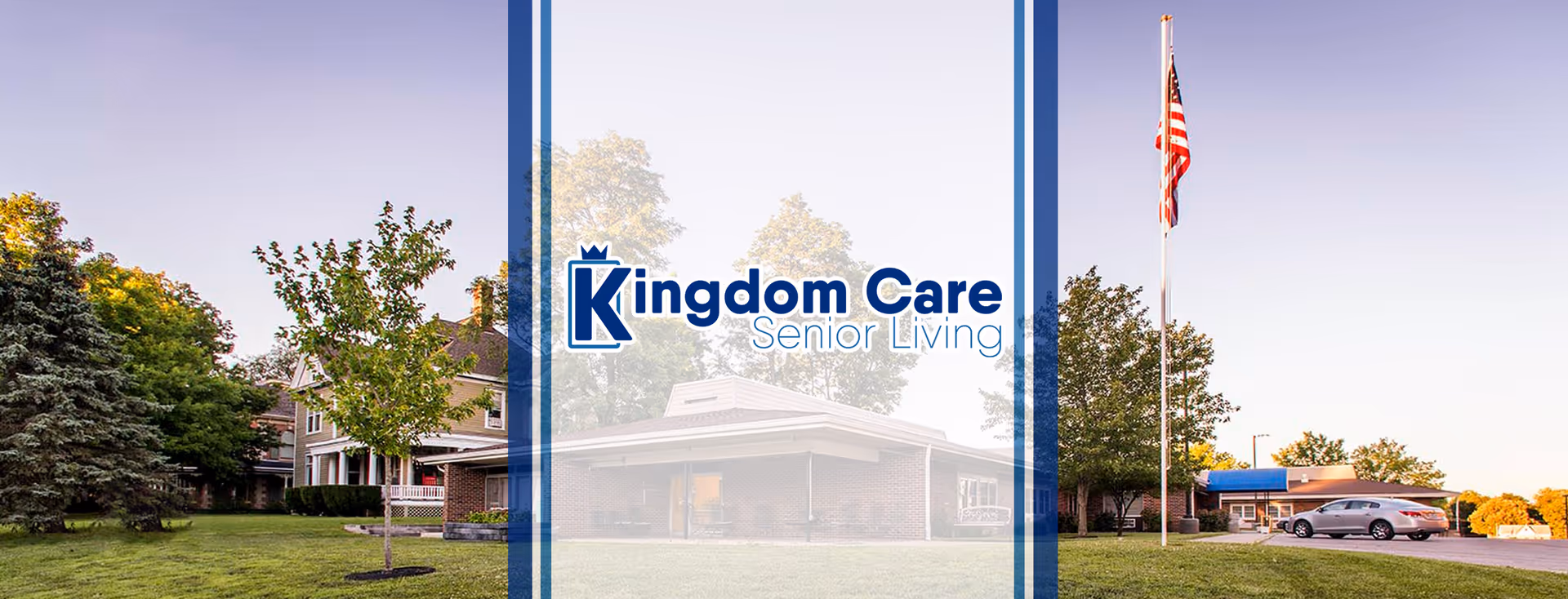 Exterior view of Kingdom Care Senior Living facility with a well-maintained lawn, trees, an American flag on a flagpole, and a parking area with cars under a clear sky.