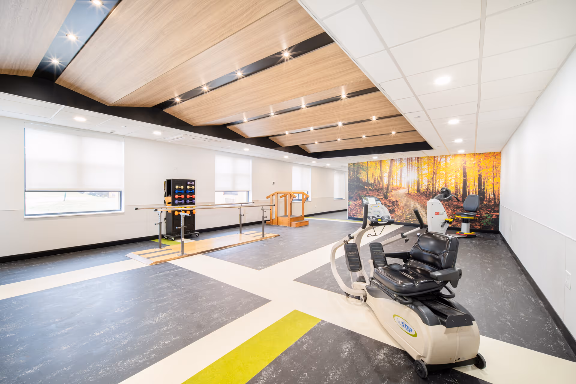 A bright and spacious rehabilitation or physical therapy room with exercise equipment including a recumbent stepper and a stationary bike. There are parallel bars for walking exercises and a small wooden staircase for step training. The room has large windows with white blinds, a modern ceiling with wooden panels and recessed lighting, and a large wall mural depicting a sunlit forest path in autumn colors.