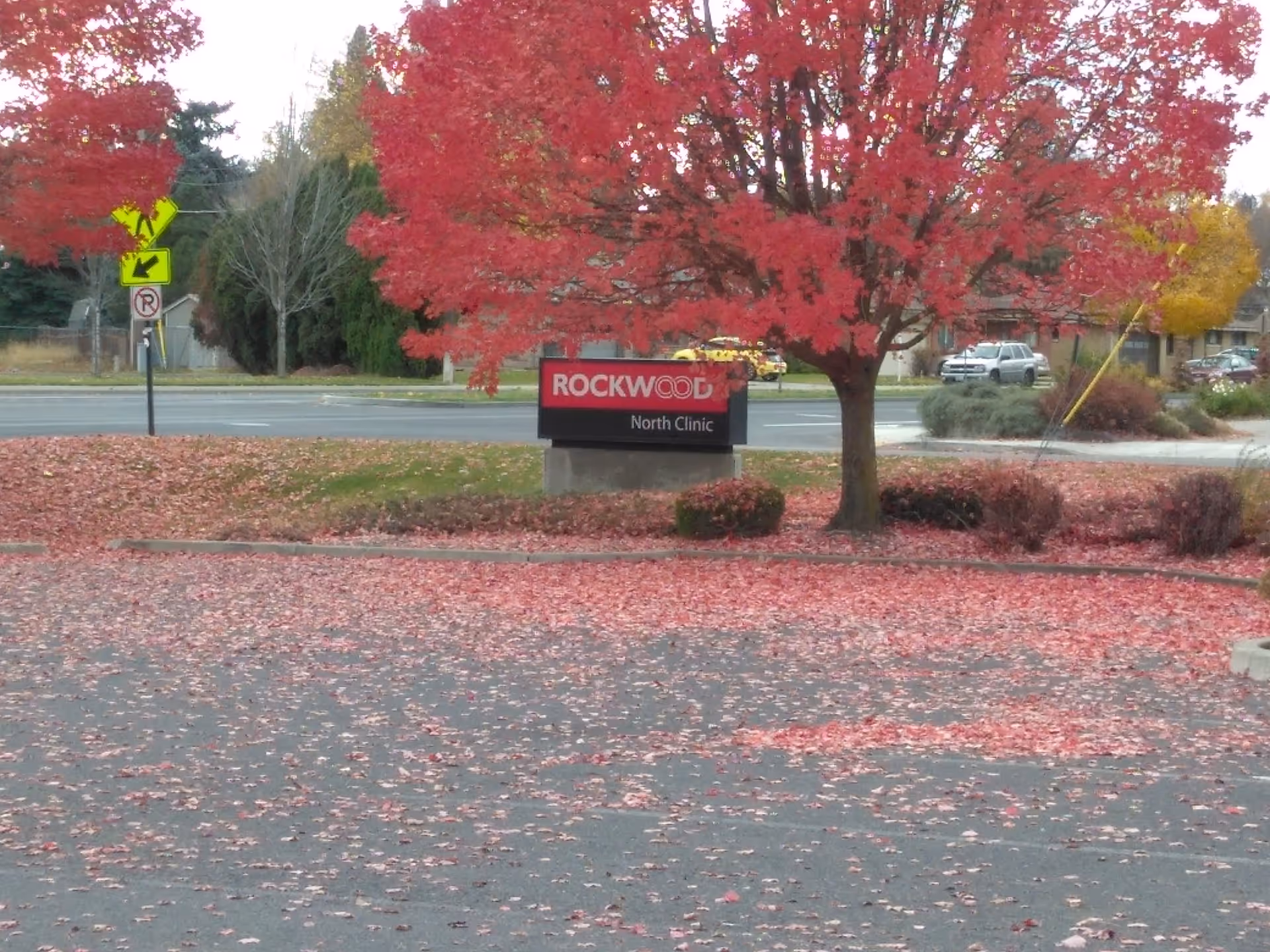 Autumn red-leaved tree beside Rockwood North Clinic sign in a parking lot