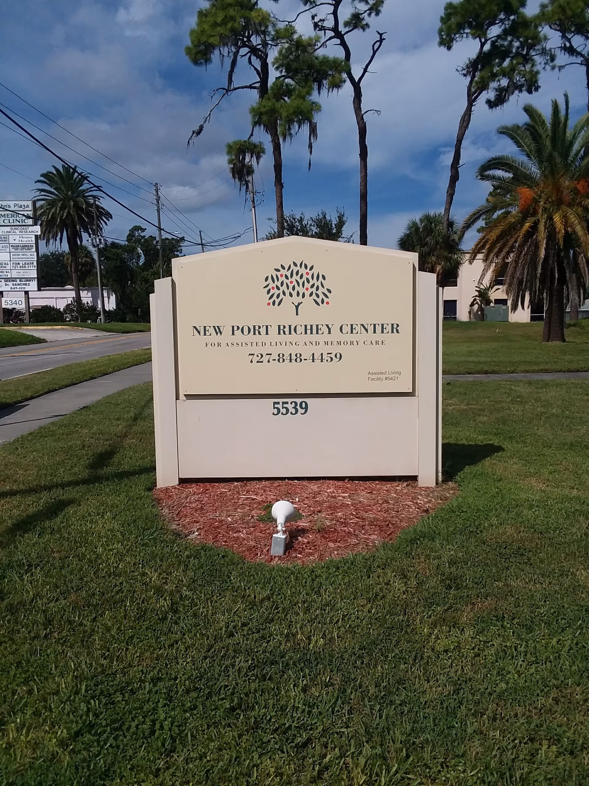 A beige sign for New Port Richey Center sits on a grassy lawn with palm trees.