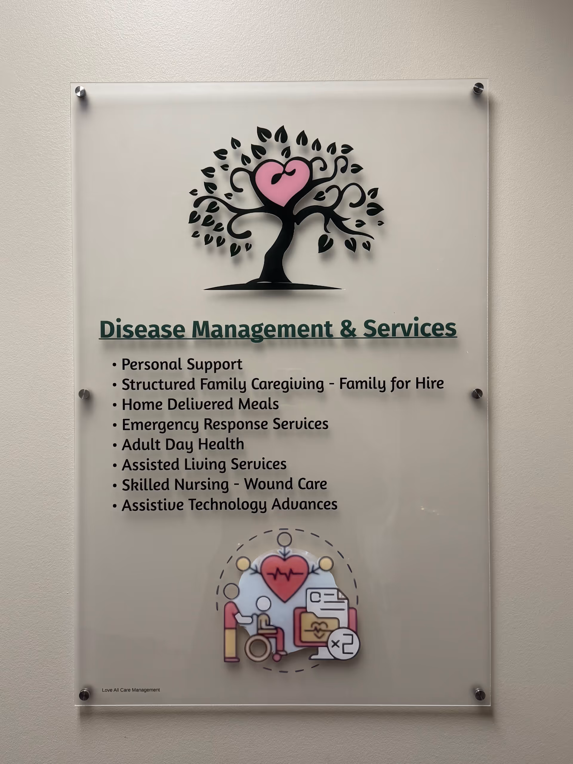 This glass wall sign features a heart-tree graphic and a service list.