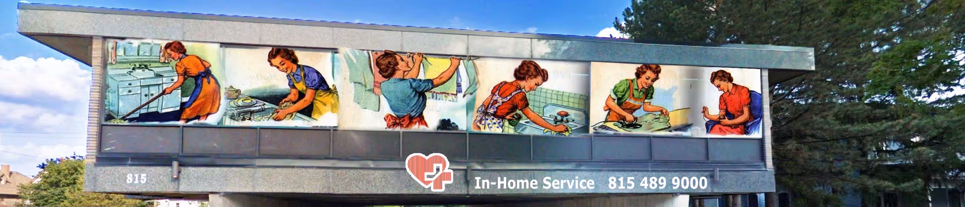 Exterior building sign for In-Home Care Services with a kitchen mural.